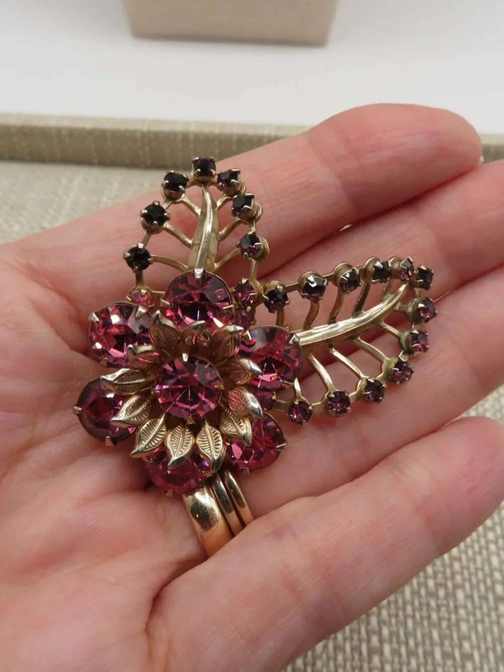 Vintage Floral Pink Purple Rhinestone Gold Tone Brooch